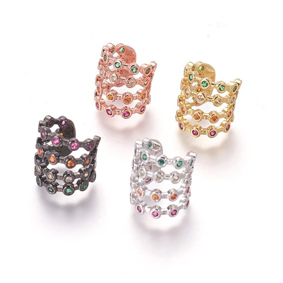 Cubic Zirconia Cuff Earrings, with Brass Findings, Colorful