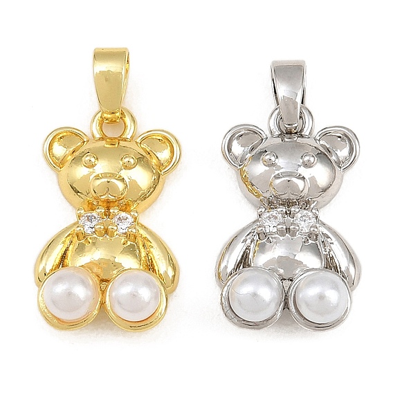 Brass Micro Pave Clear Cubic Zirconia Pendants, with ABS Imitation Pearl, Bear Charms