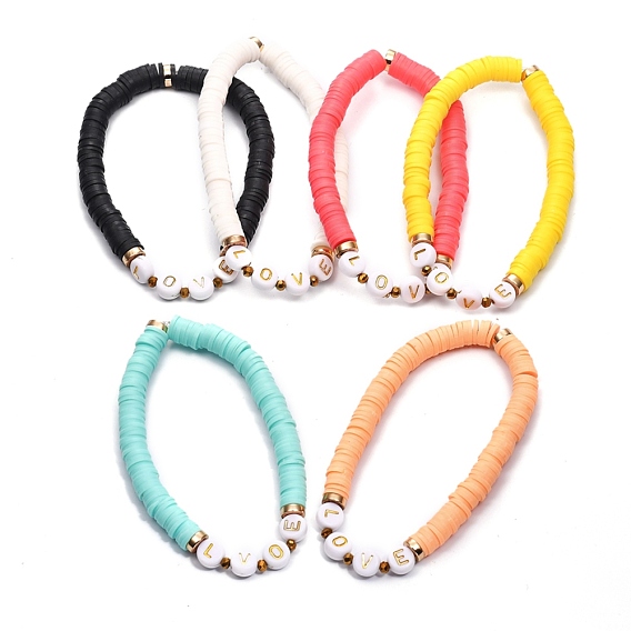 Bracelets élastiques faits à la main de perles heishi en pâte polymère, pour Saint Valentin, laiton perles d'espacement, des billes de verre et des perles d'acrylique de placage, mot d'amour