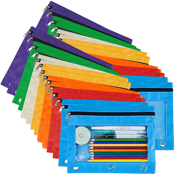 28Pcs 7 Colors PE Plastic Pencil Pouch for 3 Rings Binder, Oxford Cloth Mesh Zipper Pencil Case, Rectangle