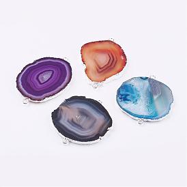 Natural Agate Links/Connectors, with Silver Color Plated Brass Findings, Nuggets