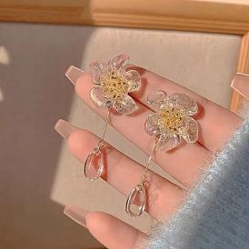Ohrstecker mit Blumenmotiven aus Messing und Glas für Damen, Tropfenförmige Hängeohrringe aus Harz