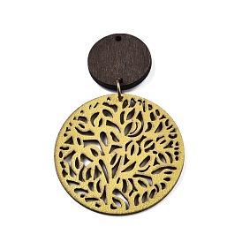 Imitation Leather & Wood Big Pendants, Dangle Hollow Flat Round with Tree of Life Charms