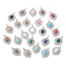 Gemstone Pendants, Flower Charms, with Platinum Plated Brass Findings