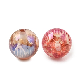 Plating Transparent Resin Beads, Round with Crown, with Glitter Powder