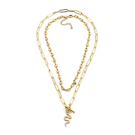 Brass Micro Pave Clear Cubic Zirconia Pendant Necklaces & 304 Stainless Steel Coffee Bean Chain Necklaces Sets, Snake
