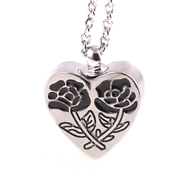 Alloy Heart with Rose Urn Ashes Pendant Necklace, Stainless Steel Memorial Jewelry for Women