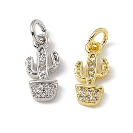 Brass Micro Pave Clear Cubic Zirconia Cactus Charms, with Open Jump Rings