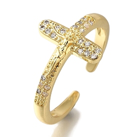 Rack Plating Crucifix Cross Brass Clear Cubic Zirconia Open Cuff Rings, Cadmium Free & Lead Free, Long-Lasting Plated, for Women