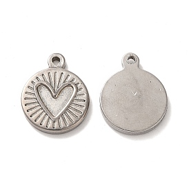 Valentine's Day 304 Stainless Steel Pendants, Flat Round with Heart Charm