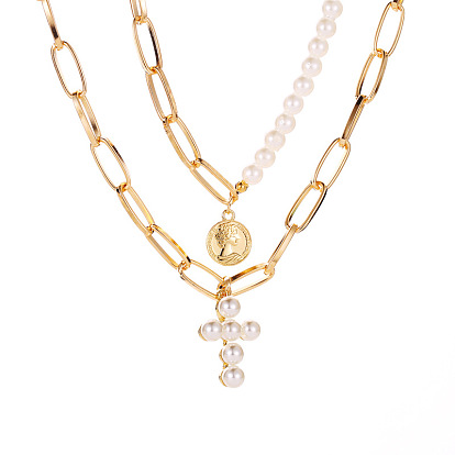 Bold Multi-layered Pearl Cross Necklace with Round Disc Pendant for Women