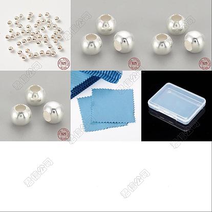 90pcs 4 styles ronds 925 ensembles de perles d'espacement en argent sterling, avec tissu en daim chiffon de polissage argent carré