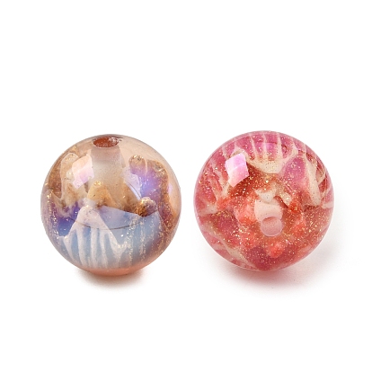 Plating Transparent Resin Beads, Round with Crown, with Glitter Powder