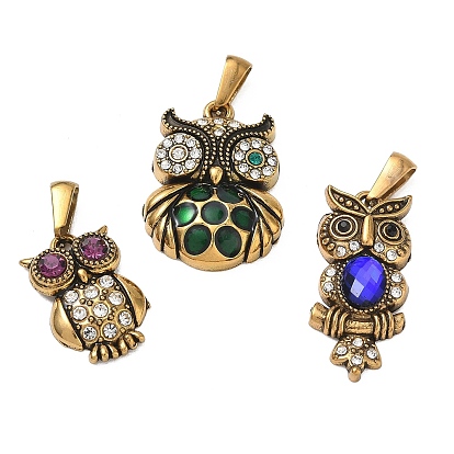 304 Stainless Steel Rhinestone Pendants, Owl Charms, Ion Plating(IP)