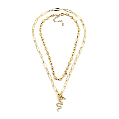 Brass Micro Pave Clear Cubic Zirconia Pendant Necklaces & 304 Stainless Steel Coffee Bean Chain Necklaces Sets, Snake