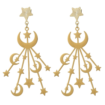201 Stainless Steel Moon & Star Dangle Stud Earrings for Women, Long Drop Earring
