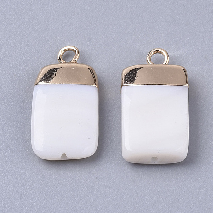Electroplate Freshwater Shell Pendants, for DIY Jewelry Making, with Top Golden Plated Brass Loops and Half Drilled, Rectangle