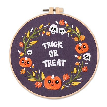 Halloween Themed DIY Embroidery Sets, Including Imitation Bamboo Embroidery Frame, Iron Pins, Embroidered Cloth, Cotton Colorful Embroidery Threads