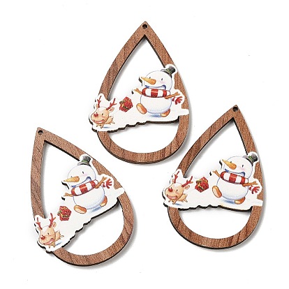 Single Face Christmas Printed Wood Big Pendants, Teardrop with Snowman Charms