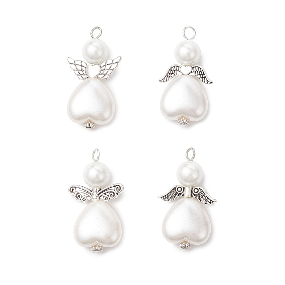 4 шт. 4 стили АБС-пластик имитация жемчуга и стеклянные жемчужины подвески, ангельское очарование, с петлей из античного серебряного сплава и платинового железа