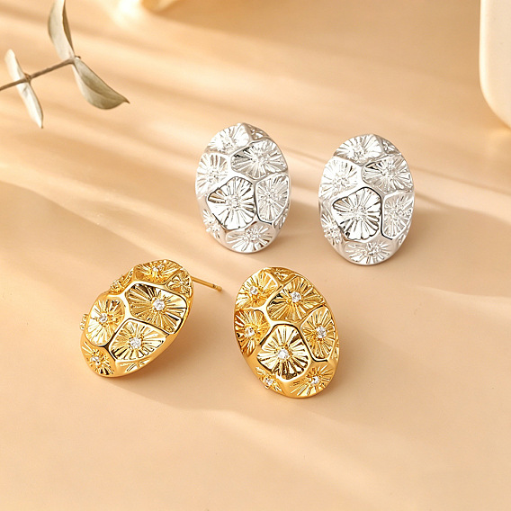 Brass Micro Pave Cubic Zirconia Stud Earrings, Oval