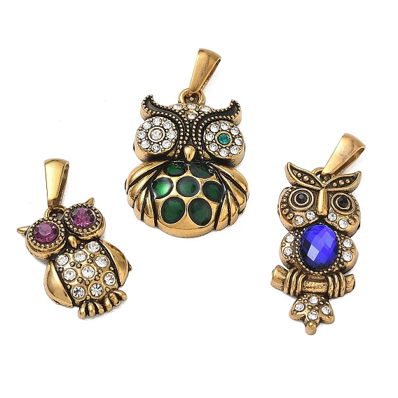 304 Stainless Steel Rhinestone Pendants, Owl Charms, Ion Plating(IP)