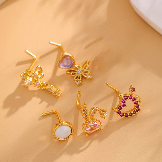 Г-образные кольца для носа с латунным паве из кубического циркония, реальный 18 k позолоченный