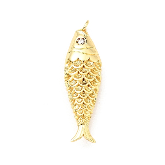 Brass Micro Pave Clear Cubic Zirconia Pendants, with Jump Ring, Cadmium Free & Lead Free, Fish