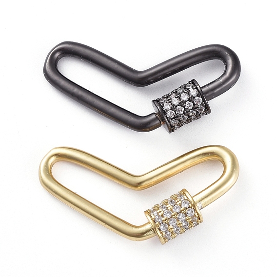 Brass Micro Pave Cubic Zirconia Screw Carabiner Lock Charms, for Necklaces Making, Long-Lasting Plated, Matte Style, Real 18K Gold Plated, Heart, Clear