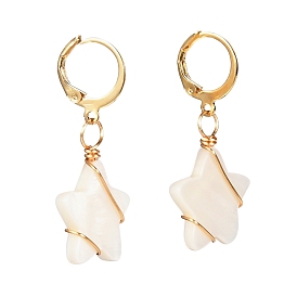 Star Natural Shell Beads Leverback Earrings for Girl Women, Wire Wrap 304 Stainless Steel Earrings
