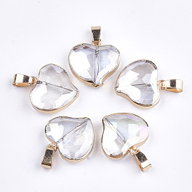 Glass Pendants, with Iron Findings, Faceted, Heart, Golden