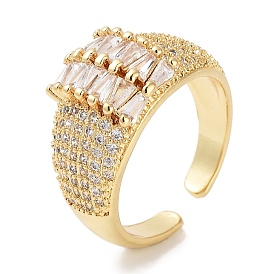 Rack Plating Brass Pave Clear Cubic Zirconia Open Cuff Rings, Cadmium Free & Lead Free, Long-Lasting Plated, Trapezoid