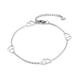 304 Stainless Steel Cable Chain Anklets, with Double Heart Link and Lobster Claw Clasps