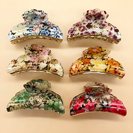 Retro Acrylic Hair Claw Clip Floral Print Large Size Bathing Hairpin Flower Heart Shape Shark Jaw Hair Accessories