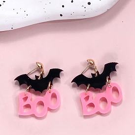 Акриловые серьги-гвоздики со словом «бу» и летучей мышью, золотые