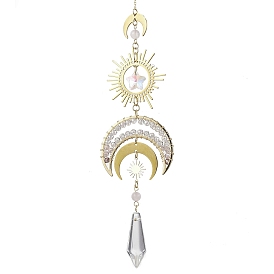 Moon Brass & 304 Stainless Steel Pendant Decorations, Hanging Suncatchers, with Glass Pendants and Natural Rose Quartz Chip Beads