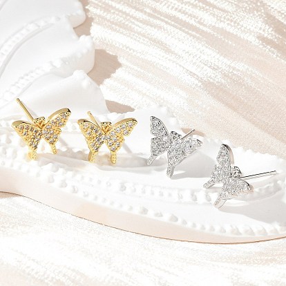 Серьги-гвоздики из латунного микро-паве, стойки покрытие, без свинца и без кадмия, бабочка