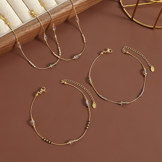 304 Браслеты на лодыжку из нержавеющей стали с бусинами из стеклянных колонн, золотые