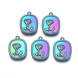 Rack Plating Rainbow Color 304 Stainless Steel Pendant Rhinestone Setttings, Rectangle with Flower