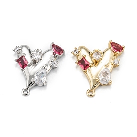 Brass Micro Pave Red Cubic Zirconia Pendants, Long-Lasting Plated, Heart with Rectangle