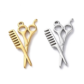 304 Stainless Steel Pendants, Scissors with Comb Charm