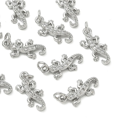 SHEGRACE Brass Micro Pave Cubic Zirconia Pendants, Cadmium Free & Nickel Free & Lead Free, Gecko Charms, Clear