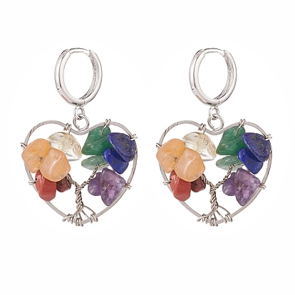 Natural Mixed Gemstone Chips Heart with Tree of Life Dangle Hoop Earrings, Brass Wire Wrap Jewelry for Women