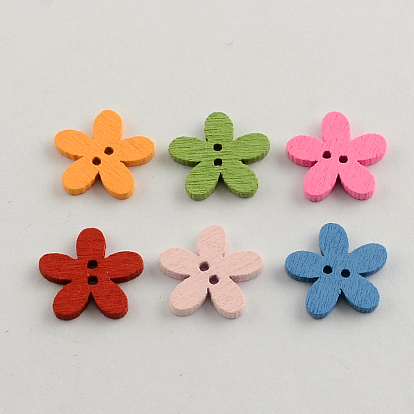 2-Hole Dyed Wooden Buttons, Flower, Mixed Color, 14x15x2mm, Hole: 1mm