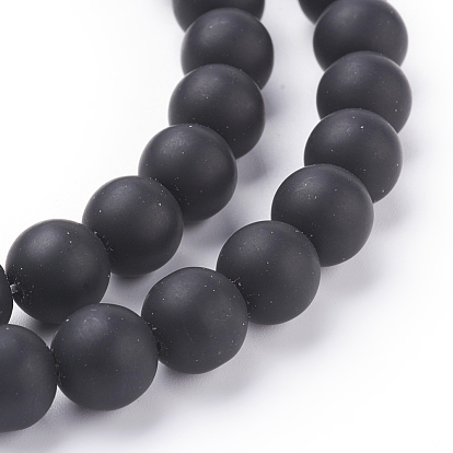 Synthetic Black Stone Beads Strands, Frosted, Round