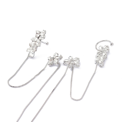 Flower Ear Cuff Wrap Climber Earrings, Crawler Earrings Dangling Chain, with Silver Pins