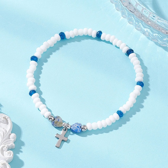 304 крошечные браслеты из нержавеющей стали с подвесками, Браслеты из стеклянного бисера и натуральных драгоценных камней, эластичные, для женщин и мужчин., сердце и крест