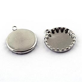304 Stainless Steel Pendant Cabochon Open Back Settings, Serrated Edge Bezel Cups, Flat Round