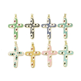 Real 18K Gold Plated Brass Enamel Pendants, with Glass, Cross with Evil Eye Charm