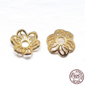 Real 18K Gold Plated 6-Petal 925 Sterling Silver Bead Caps, Flower, 7.5x2mm, Hole: 2mm, about 100pcs/20g